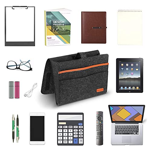 SIMBOOM Organisateur de Chevet, Poche de Rangement pour Lit Sac à Accrocher en Tissu pour télécommande, Tablette, Câble de Recharg, Magazine, Lunettes, Stylo - Gris foncé