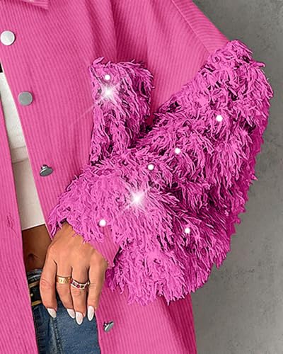 CHICME Women's Casual Oversized Button Down Corduroy Shirt Jacket Long Sleeve Shacket with Fringe4