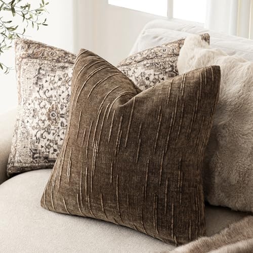 Image of Foindtower Pack of 2 Slubby Textured Chenille Throw Decorative Pillow Covers Square Accent Solid Cushion Cover Cozy Soft Farmhouse Pillow Case for Couch Sofa Bedroom Living Room 24x24 Inch,Dark Brown