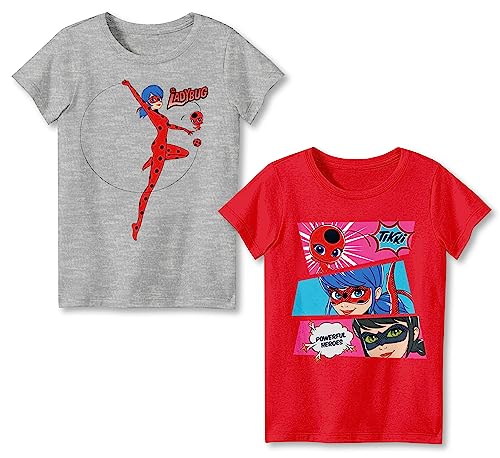 Image of Miraculous Ladybug Girls T-Shirts 2-Pack, Ladybug Cat Noir Rena Rouge Short Sleeve Tees 2-Pack Bundle Set for Girls