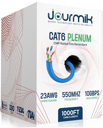 Jourmik | CAT6 Plenum Ethernet Cable 1000ft | CMP Rated Fire Resistance | 23AWG, 550MHz, 10Gbps UTP 4Pairs High-Speed Network Cable for Commercial & Residential Networking | Easy Pull Box | Blue