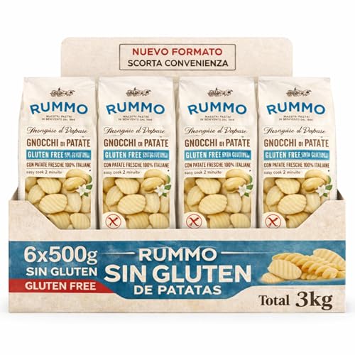 Gnocchi Rummo SIN Gluten de Patatas 65%, ñoquis sin gluten de patatas 100% Italiana, Pasta Italiana, Tiempo de cocción 2 minutos, 6 Paquetes de 500 gr