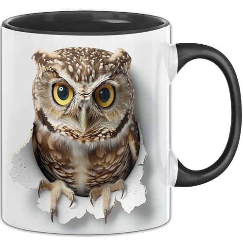 Trendation - 3D Eule Tasse Geschenk Kaffee-Becher Geschenkidee Für Eulen-Liebhaber (Schwarz)