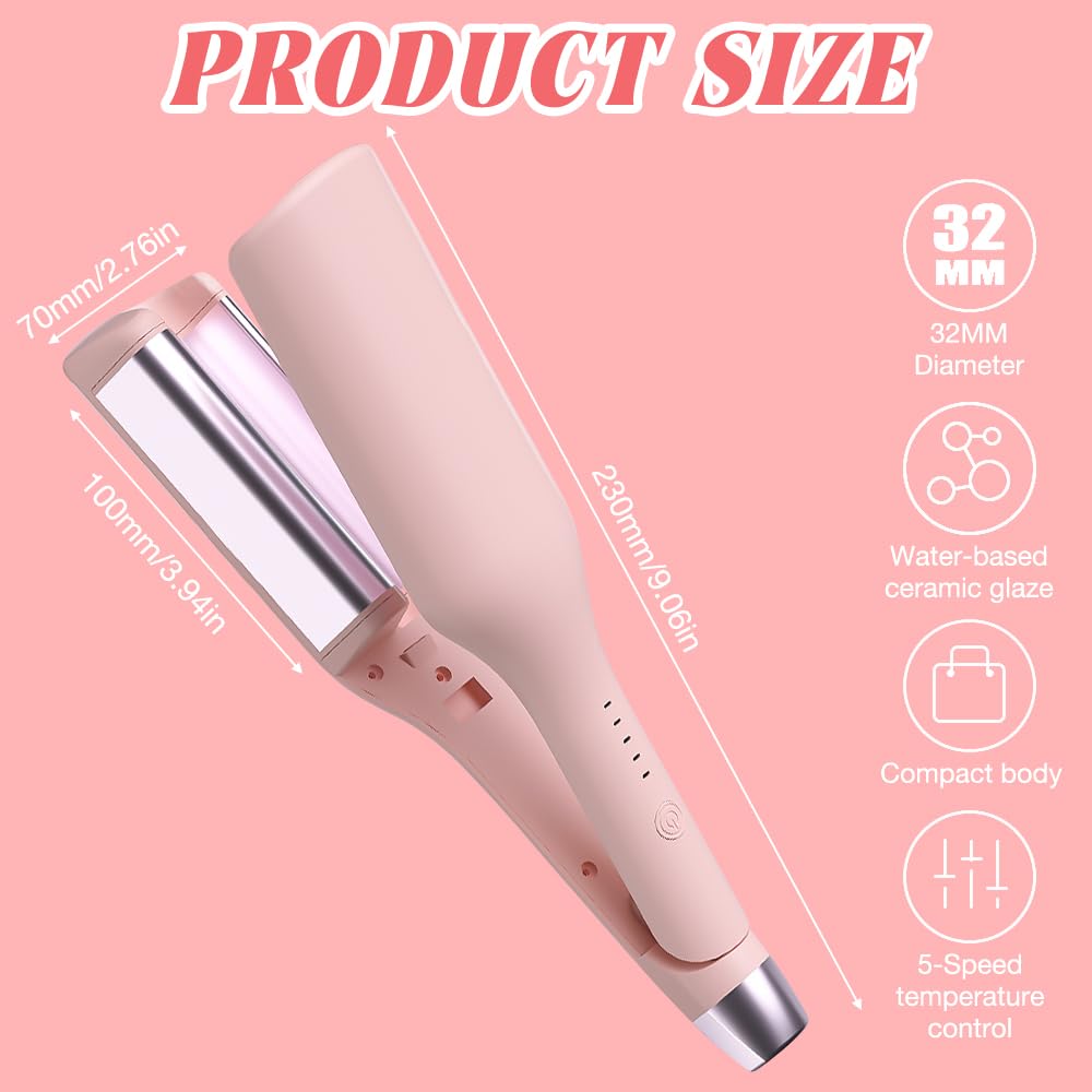 Rizador Pelo Ondas, 32 mm Rizador de Pelo, Ondulador de Pelo con 5 Temperaturas, Ondulador de Pelo Iónico, Rizador de Rollos de Huevo (Rosa)