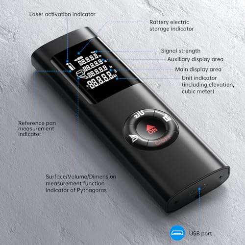 Miniatura 3 de Metro Laser, Ipsxp 60m 196ft Usb Recargable Medidor Láser Mudo Portátil Metro Láser Con Lcd Pantalla Retroiluminada Digital, Cálculo De Distancia, Área, Volumen, Pitágoras, Adición Y Sustracción