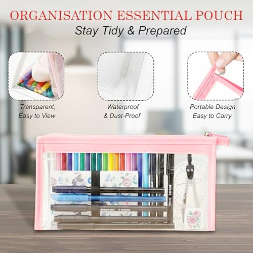 Image of GLUN Pink Transparent Zipper Pouch with inchAll The Best inch Stationery Kit Includes Scale, Pencil, Eraser, Sharpener & Pen Set for School Students