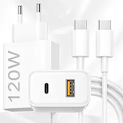 Carregador Ultra Turbo 120W Porta Dupla com Cabo Turbo Tipo C 1m – Fonte com USB-C + USB-A para Celular, Tablet, Notebook, iPhone, Android, MacBook – Branco Premium