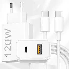 Carregador Ultra Turbo 120W Porta Dupla com Cabo Turbo Tipo C 1m – Fonte com USB-C + USB-A para Celular, Tablet, Notebook, iPhone, Android, MacBook – Branco Premium