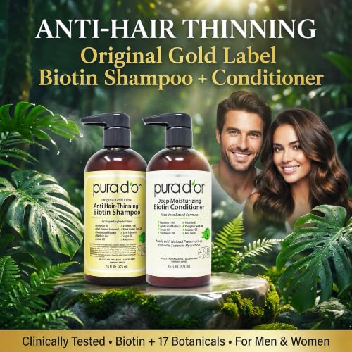 PURA D'OR Anti-Thinning Biotin Shampoo & Hair Regrowth Conditioner, CLINICALLY TESTED Effective Results, Thickening Herbal Blend For Women & Men, Original Gold Label Set, Natural Earthy Scent, 16oz x2