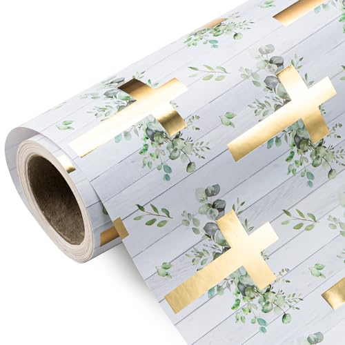 WRAPAHOLIC Cross Wrapping Paper Roll - Mini Roll - 17 Inch x 16.5 Feet - Elegant Gold Foil Cross and Eucalyptus Greenery Wrapping Paper for Easter Baptism Confirmation First Communion Spring