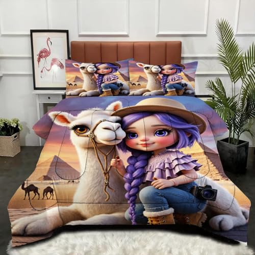 Gumntun Duvet Single Size Animated Camel Girl, Soft & Breathable Single Comforter, Touch Feels Like Down Microfibre Polycotton Quilt for All Season, 2 Pillowcases 19 x 29 (50x75 cm)_23872a