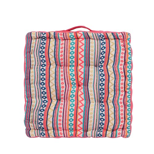 Image of Woven Quilted Floor Cushion 40x40x8 cm Pink Boho with Cotton Filler Small Size for Seating, Patio Seat, Meditation, Yoga, Pooja, Guests, Living Room, Bedroom Size - 16x16x3 Inch
