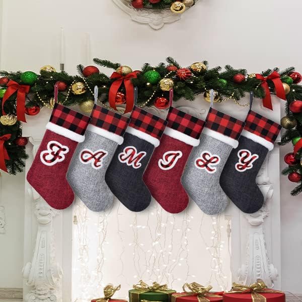 Miniatura 6 de Medias de Navidad con iniciales 2023, monograma personalizado, arpillera negra y roja, piel sintética suave, 20 pulgadas, bordado para decoraciones