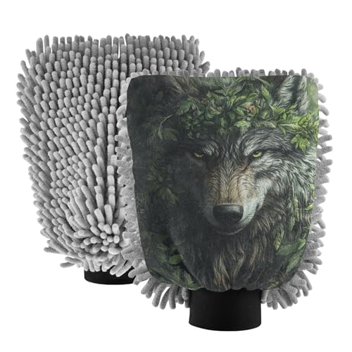 ALAZA Wolf of Forest Car Wash Mitt Scratch Free, 2 Pack Absorbent Microfiber/Chenille Washing & Drying Mitts, M