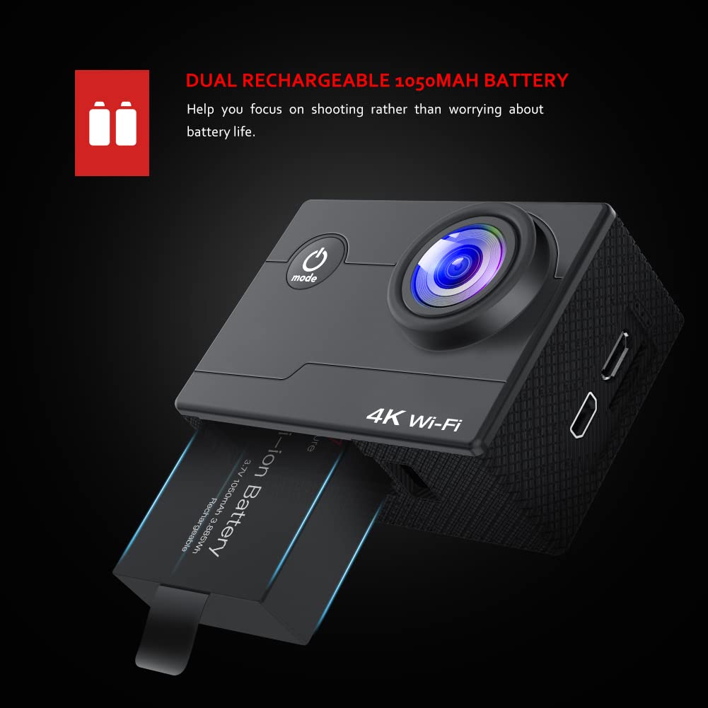Action CAM AC700 4K 20MP WiFi Cámara subacuática Ultra HD Resistente al Agua 40M Cámara Deportiva 2.0 'LCD 170° Gran Angular 2.4G Mando a Distancia 2 baterías de 1050 mAh y Muchos Accesorios