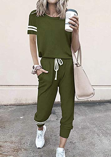 Image of PRETTYGARDEN Women's Two Piece Outfits Striped Short Sleeve Pullover and Long Pants Tracksuit Pajama Lounge Jogger Sets