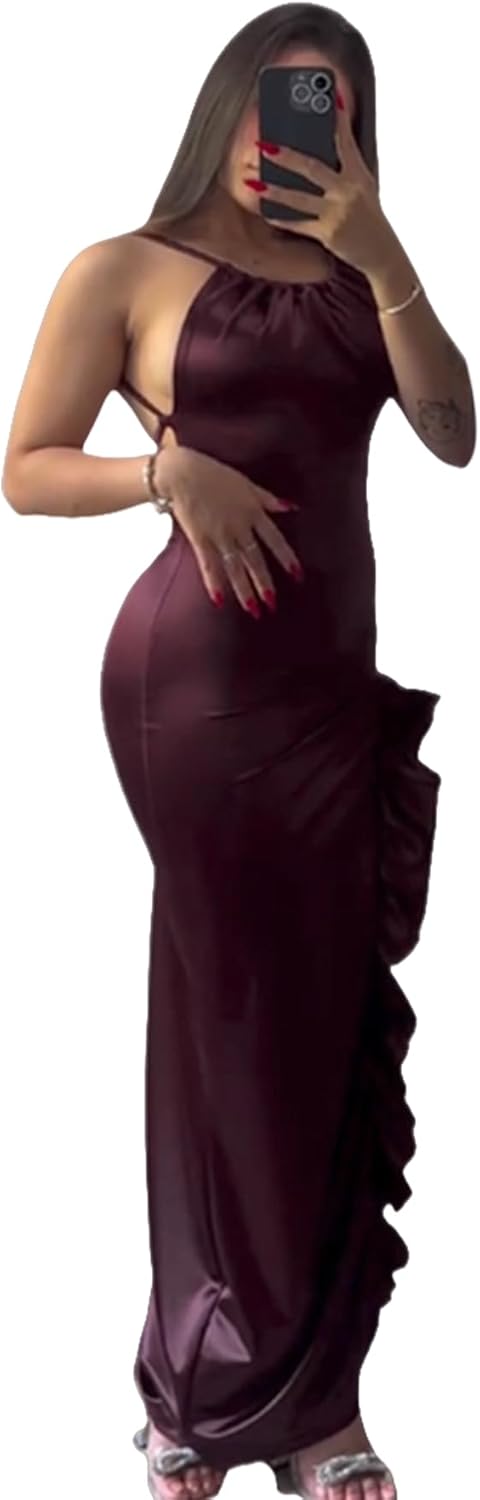 Women's Sexy Satin Sleeveless Lace Up Dress Y2k Pleated Backless Bodycon Ruffle Split Dresses for Party Cocktail - Image 2