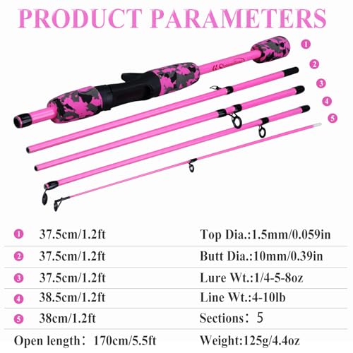 Vara de pesca Sougayilang 2PC Vara de fundição, vara de pesca leve de fibra de carbono-180cm-rosa -