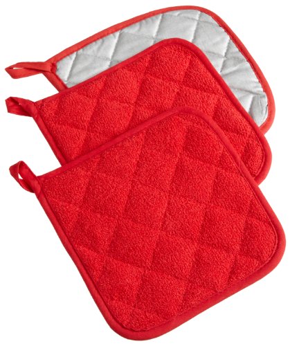 DII Basic Terry Collection Quilted 100% Cotton, Potholder, Red, 3 Piece