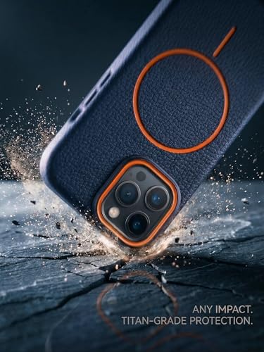 Image of amazon basics Luxury MagSafe Compatible Leather Texture Back Cover for iPhone 15 Pro | Raised Camera Protection | Slim Fit Shockproof Case with Metallic Accents (Dark Blue)
