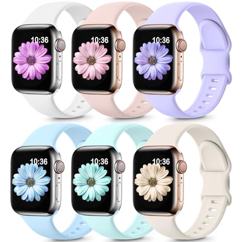 Image of Bands Compatible with Apple Watch Band 40mm 38mm 41mm 42mm 44mm 45mm Women Men, Soft Silicone Sport Wristbands Replacement for iWatch Series 8 7 6 5 4 3 2 1 SE (6 Pack)