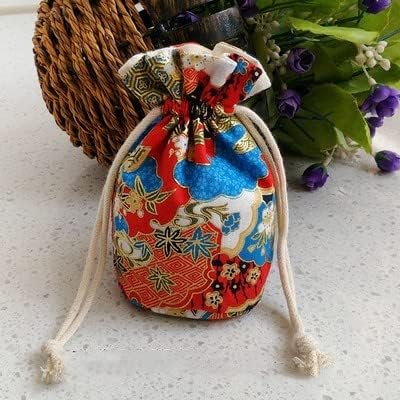 Round Bottom Jewelry Pouch Small Cotton Cloth Drawstring Jewellery Gift Pouches Printed Packaging Jewelry Storage Bags (W 3.15 x H 5.51 Inches, Blue (xiangyun))