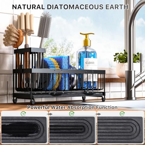 Image of Cisily Sponge Holder for Kitchen Sink, Sink Caddy Organizer with High Brush Holder, Kitchen Countertop Organizers and Storage Essentials (Black Shelf with Stone Tray, Small)