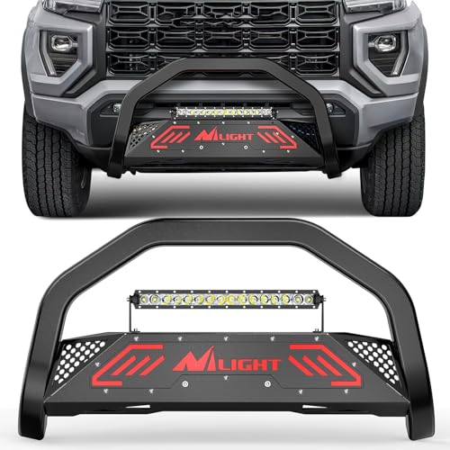 Image of Nilight Bull Bar with Light fits Chevy Colorado (Excl. ZR2) 2015-2022 & GMC Canyon 2015-2022 Front Bumper Grille Brush Push Guard with Skid Plate Licence Plate Hole Black