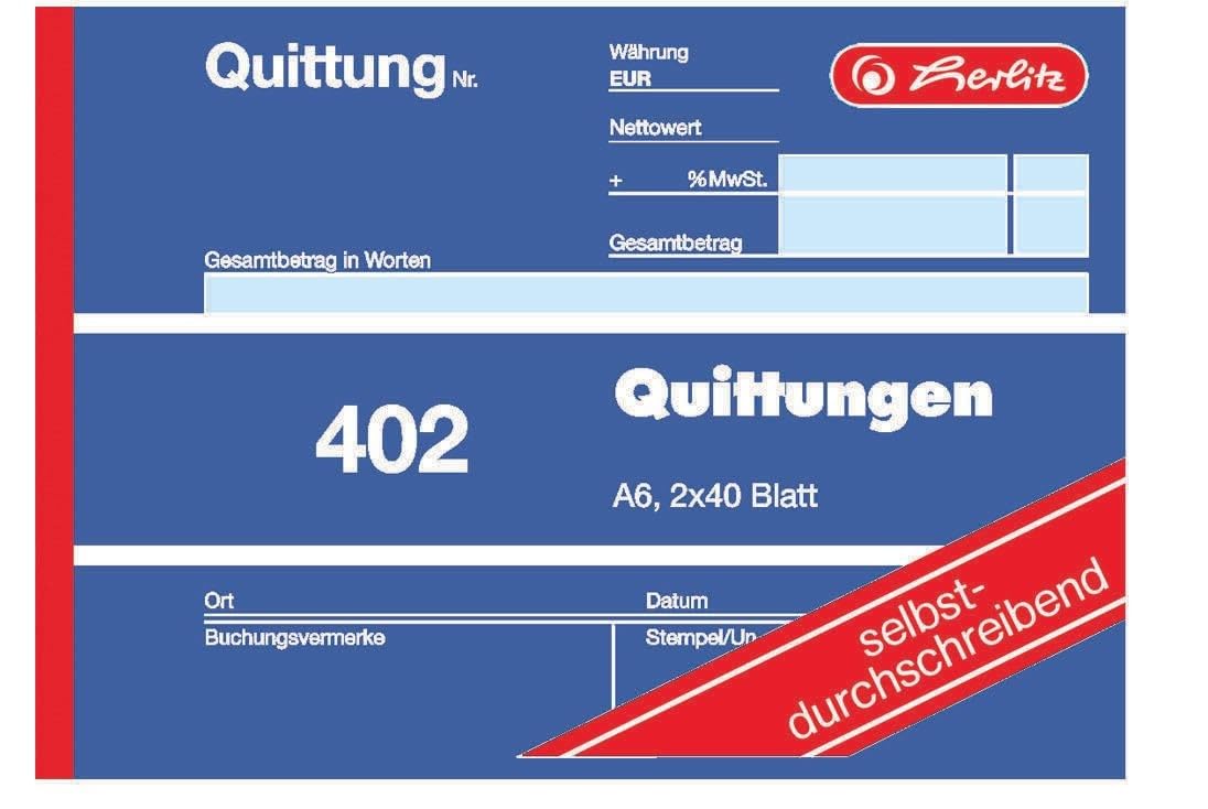 Herlitz Quittungsblock 402, selbstdurchschreibend, A6 quer, 2 x 40 Blatt, Quittung 402