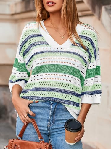 Image of Saodimallsu Womens Short Sleeve Sweaters V Neck Crochet Knit Striped Hollow Out Tops Beach Cruise Outfits