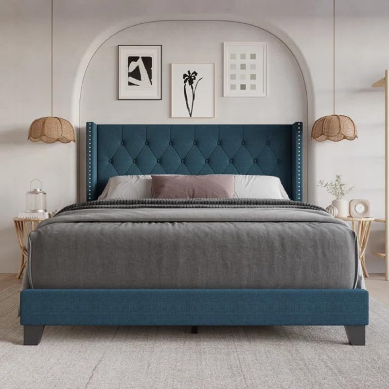 Image of HITHOS Solid Wood Modern Upholstered King Size Bed with Tufted Headboard and Without Storage | Wooden Double Bed Cot Furniture for Home Hotel Bedroom Living Room (Denim Blue) 1 Year Warranty
