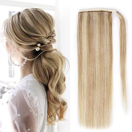 MSCOCO Ponytail Extension Human Hair Light Blonde to Bleach Blonde Clip on Ponytail Hair Extension 100% Real Remy Human Hair Wrap Around Ponytail Long Straight Ponytail Hairpiece 16 Inch Pony Tails Hair Extensions