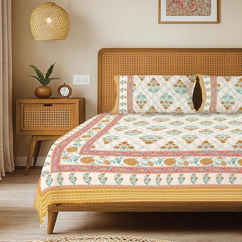 Image of Urban Space 100% Cotton Jaipuri Handblock Premium Printed King Size Bedsheet with 2 Pillow Covers, 240 TC Cotton King Bedsheet (108 x 108 Inches, Amberjaal Yellow)