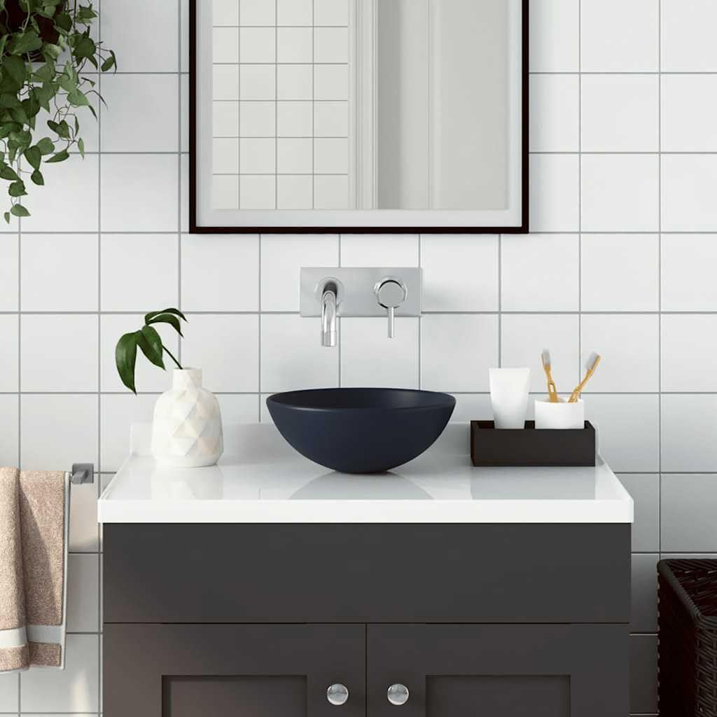Lavabo de cerámica azul oscuro, redondo, 280 mm de diámetro, 100 mm de altura, para baño de invitados, sanitario con desagüe de 45 mm y orificio para grifo, montaje en lavabo