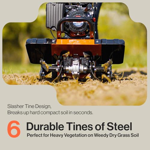 Image of SuperHandy Tiller Cultivator 2.5HP 79cc 4 Stroke Ultra Duty 4 Premium Steel Adjustable Forward Rotating Tines for Garden, Lawn, Digging, Root /Weed Removal and Soil Cultivation