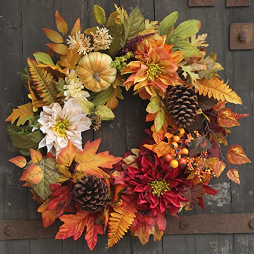 24 Inch Fall Wreaths For Front Door Outside, Fall Door Wreath With Pumpkins Pine Cones Flowers Maple Leaves,Autumn Wreath For Harvest Thanksgiving Halloween Decorations Indoor Outdoor Home Decor #TOP6