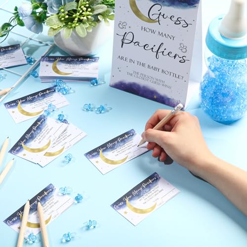 Image of Roowest 512 Pcs Baby Shower Games Guess How Many Pacifiers Sign 100 Small Guessing Games 10 HB Pencils 750ml Milk Bottle 400 Acrylic Pacifiers Decoration for Guest Gender Reveal(Blue,Moon)