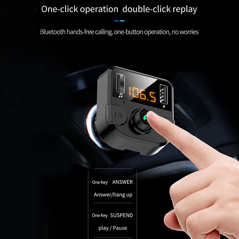 FM Transmitter for Car, Wireless Bluetooth 5.0 in-Car Radio Adapter Car Kit with Handsfree Calling, 2 USB Ports Support TF Card, U-Disk