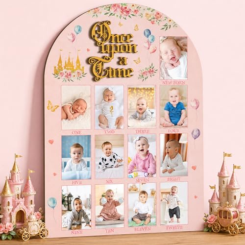 R HORSE 3D My First Year Photo Display Wood Board - 2x3in Pic Princess Baby First Year Picture Frame 12 Months Fairytale Castle Milestone Board Baby Keepsake Gift 1st Birthday Nursery Decor for Girl