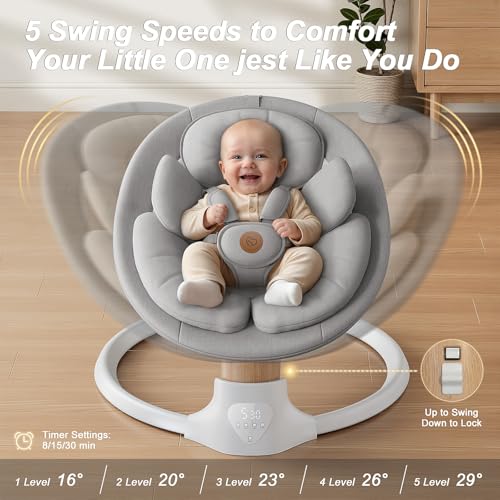Image of Baby Swings for Infants, FasonBaby Electric Baby Swing with Music Speaker, 5 Speeds, Remote Control and Bluetooth - Portable Infant Swing for Indoor and Outdoor (Gray)