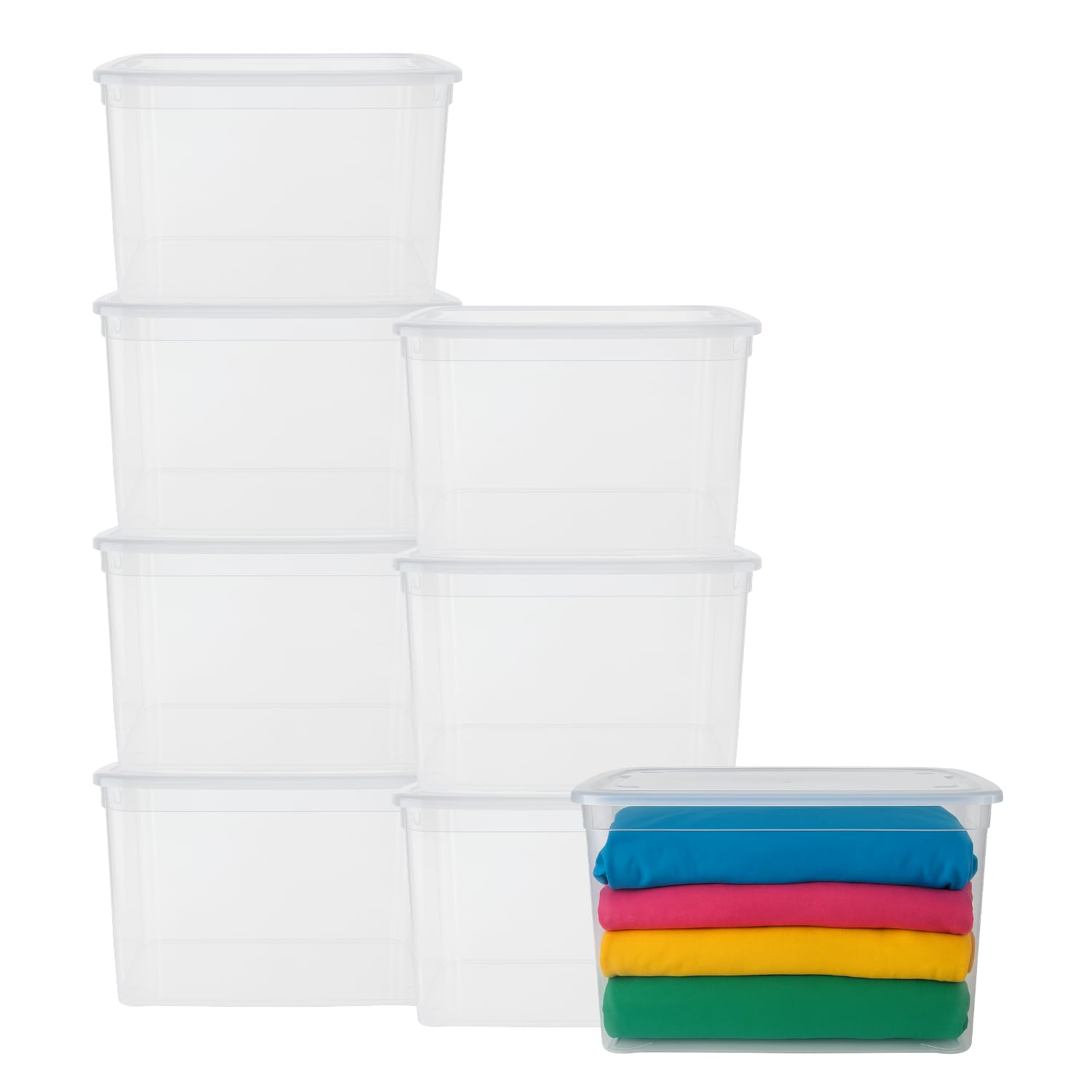 VIRSUS 8 Contenitori Multiuso Trasparente, misura 56x38,5x29 cm e capacità 43Lt, porta biancheria, coperchio chiusura a scatto, box salvaspazio impilabile armadio, accessori -672F
