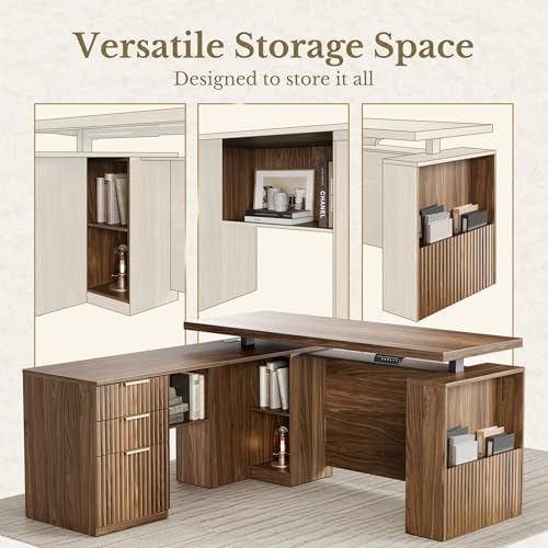 Image of 63 Inches L Shaped Standing Desk, Executive Electric Adjustable Desk with Storage Drawers and File Cabinet, AC /USB, 1.18 inch Thiken Desktop and Privacy Panel for Home Office, Black Walnut