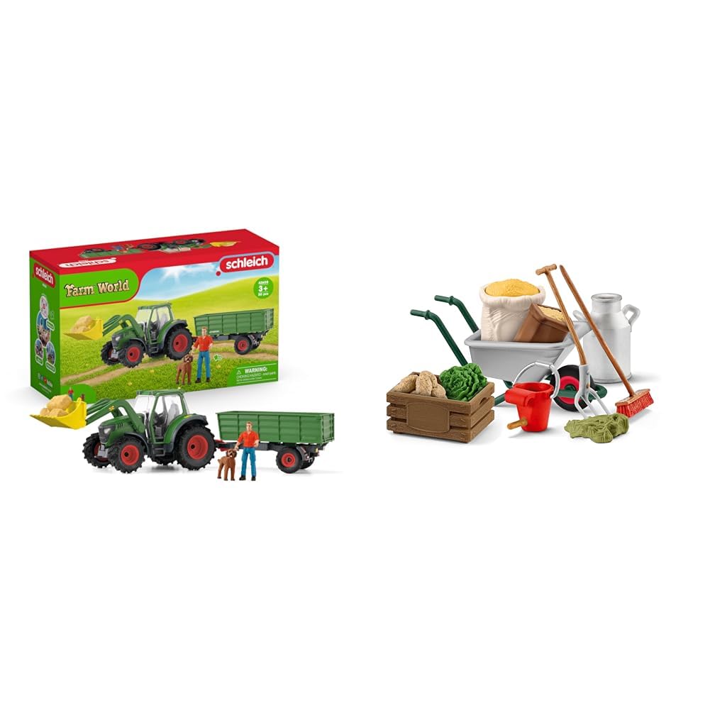 SCHLEICH 42608 Traktor mit Anhänger , ab 3 Jahren, Farm World & Farm World 42610 Bauernhof Zubehör Set für Pferde und Tiere