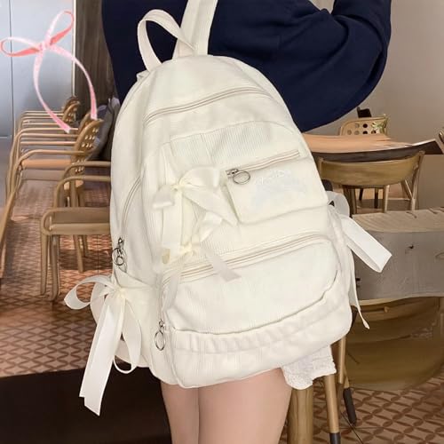 2pcs Minimalist Bow Multi-Pocket Foldable Backpack with Kawaii Case for Women's Training, Commuting, Shopping Travel (2pcs Beige)4