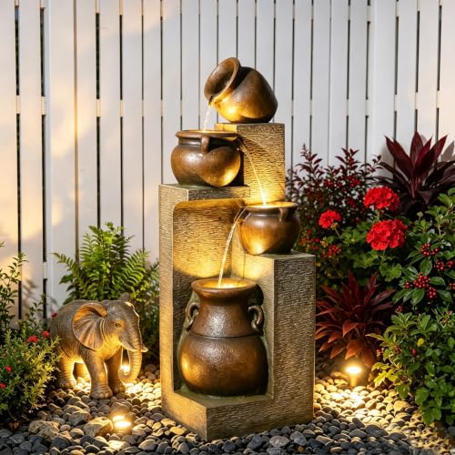 Bumilgar 53" H Large Outdoor Water Fountain with Lights Gold