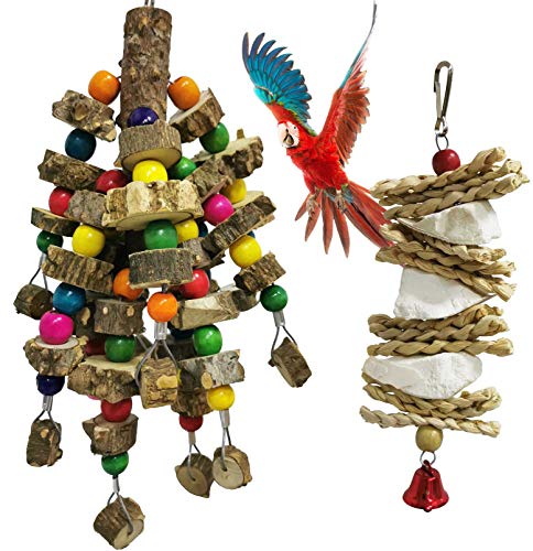 kathson Natural Parrot Chewing Toys Wood Bird Toy Hanging Parakeet Hammock Cage Accessories Cuttlebone Beak Grinding for Parrots Cockatoos African Grey Cockatiels Conure Eclectus Budgies 2PCS