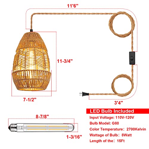 Tebio Hand Woven Rattan Plug In Pendant Light, Hanging Lights With Plug In Cord 15Ft Hemp Rope Cord,On/Off Switch For Living Room Bedroom Kitchen（Bulb Included） 7-1/2 X 12 Inch #TOP2