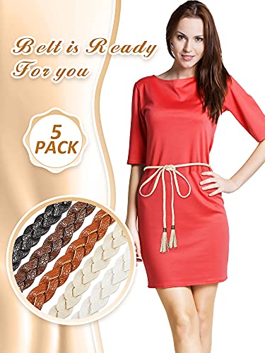 Satinior 5 Pieces Women's Tassel Braided Waist Belt Skinny Chain Belts Pu Leather Braided Dress Belts Woven Rope Belts Skirt Dress, Christmas Party, Black, White, Beige, Camel And Brown, Different #TOP5