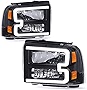 oEdRo LED DRL Headlight Assembly Compatible with 2005 2006 2007 Ford F250 F350 F450 F550 Super Duty, Headlamp Replacement w/Daytime Running Light Black Housing Clear Lens Amber Reflector - Pair Set