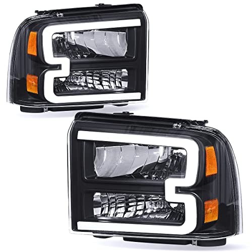 oEdRo LED DRL Headlight Assembly Compatible with 2005 2006 2007 Ford F250 F350 F450 F550 Super Duty, Headlamp Replacement w/Daytime Running Light Black Housing Clear Lens Amber Reflector - Pair Set